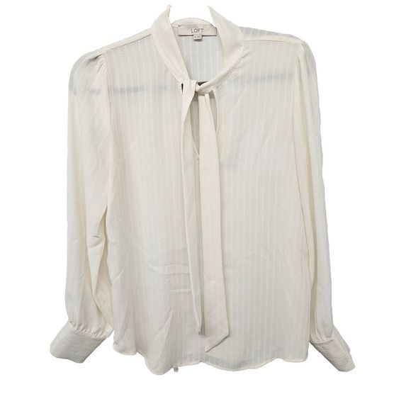 LOFT Ann Taylor Bow Blouse Sheer Top Womens Size XS Long Sleeves Ivory - Picture 1 of 6